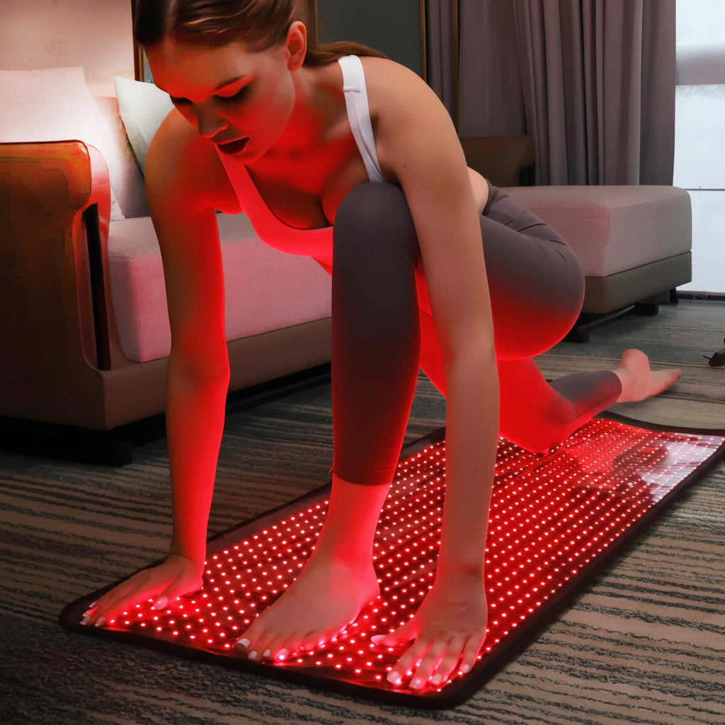 Woman using infrared red light therapy mat for wellness at home