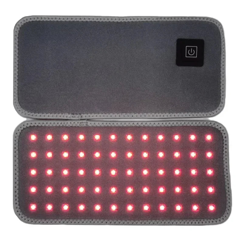 Red light therapy pad with illuminated LEDs and power button, wellness device on white background