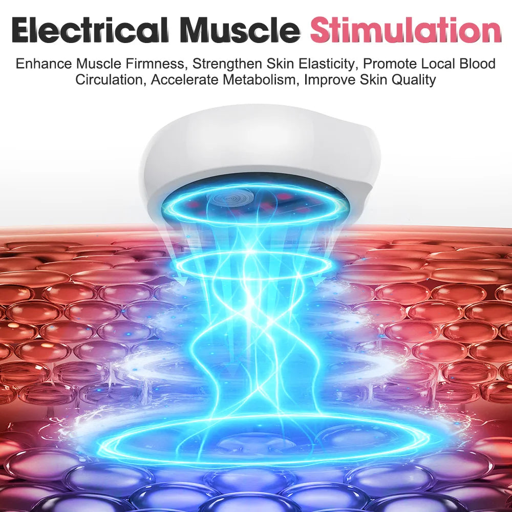 Light therapy device emitting blue electrical stimulation onto skin cells for muscle and skin wellness
