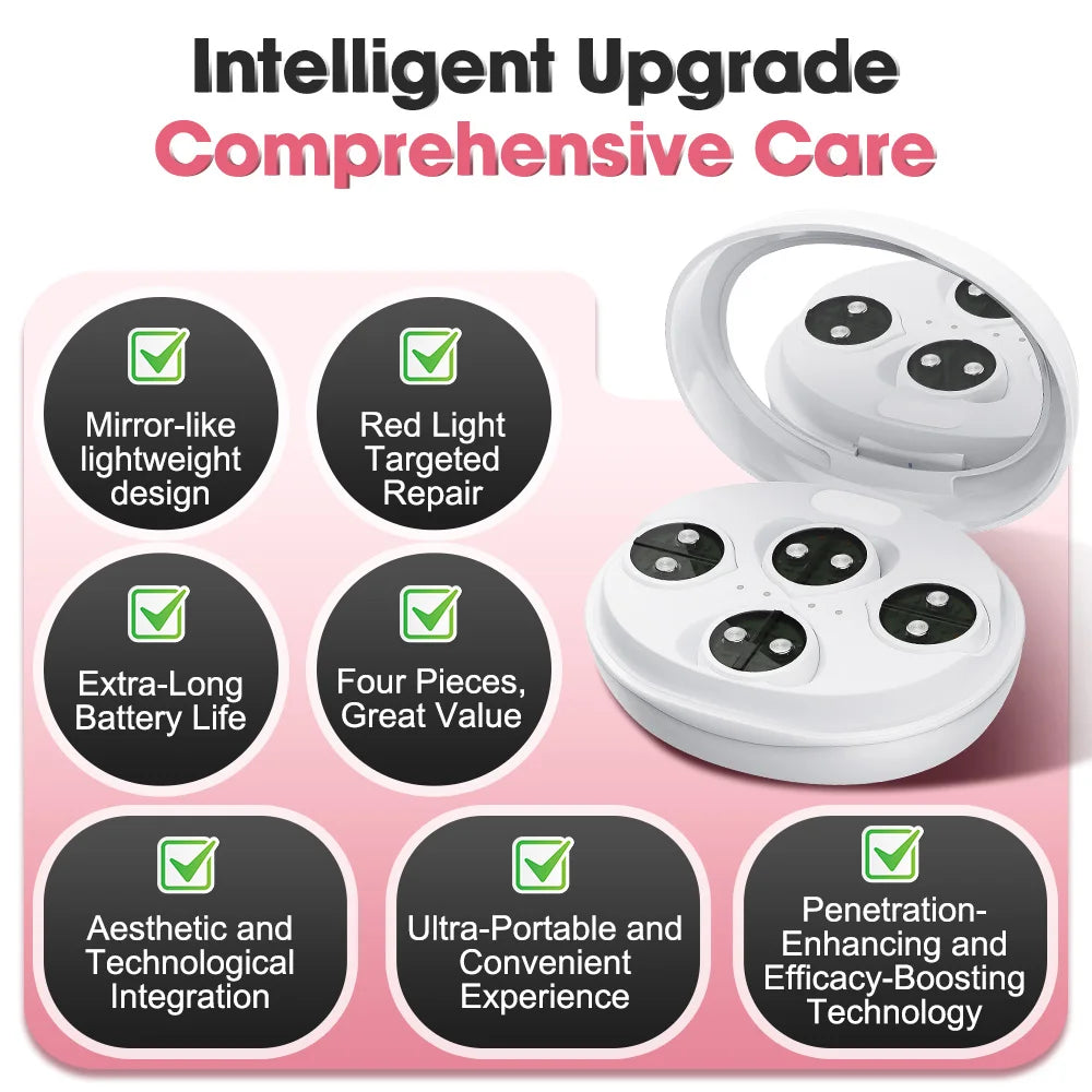 Portable red light therapy device with mirror lid and feature highlights on pink background
