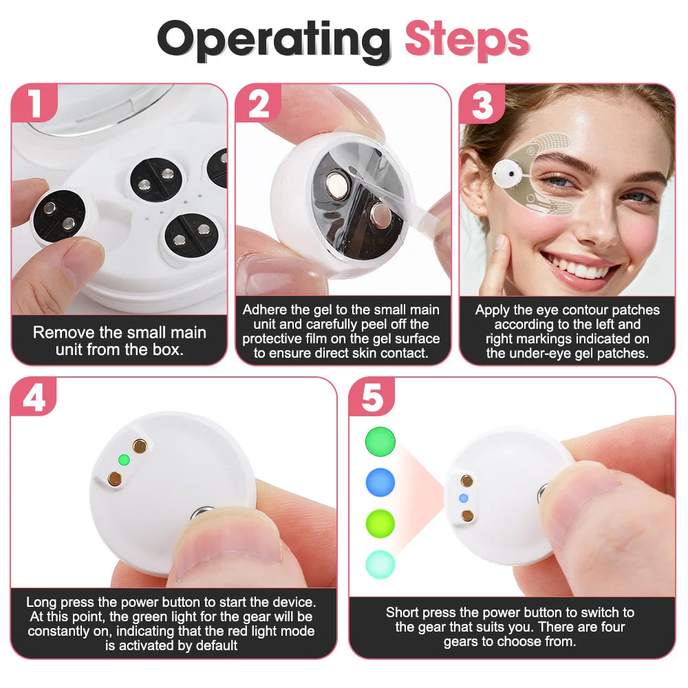 Step-by-step guide showing how to use an under-eye light therapy device with gel patches.