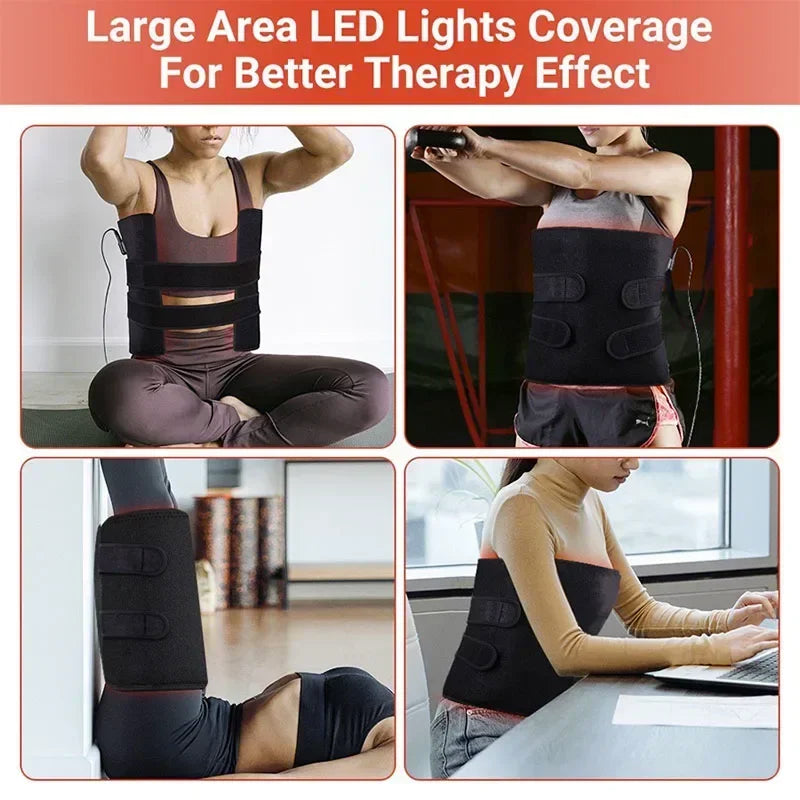 LED light therapy belt for body and waist, shown in various indoor uses and positions.