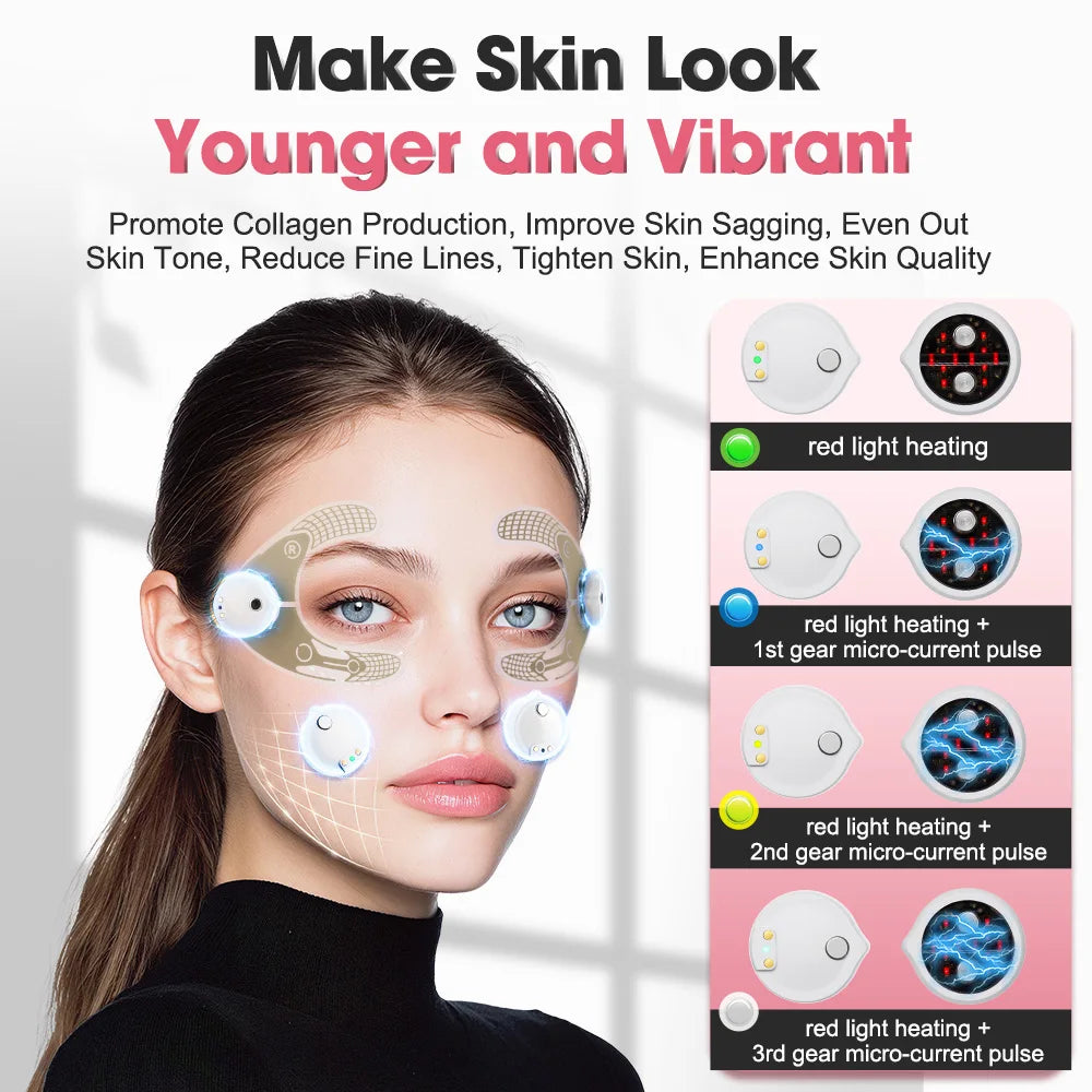 Woman using wearable LED light therapy facial device with settings chart, promoting skin rejuvenation.