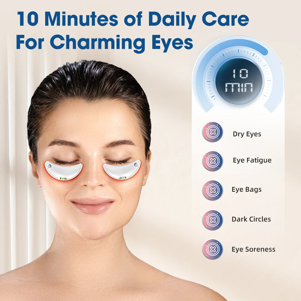 Woman using under eye light therapy devices for eye care, fatigue, dark circles, and eye bags
