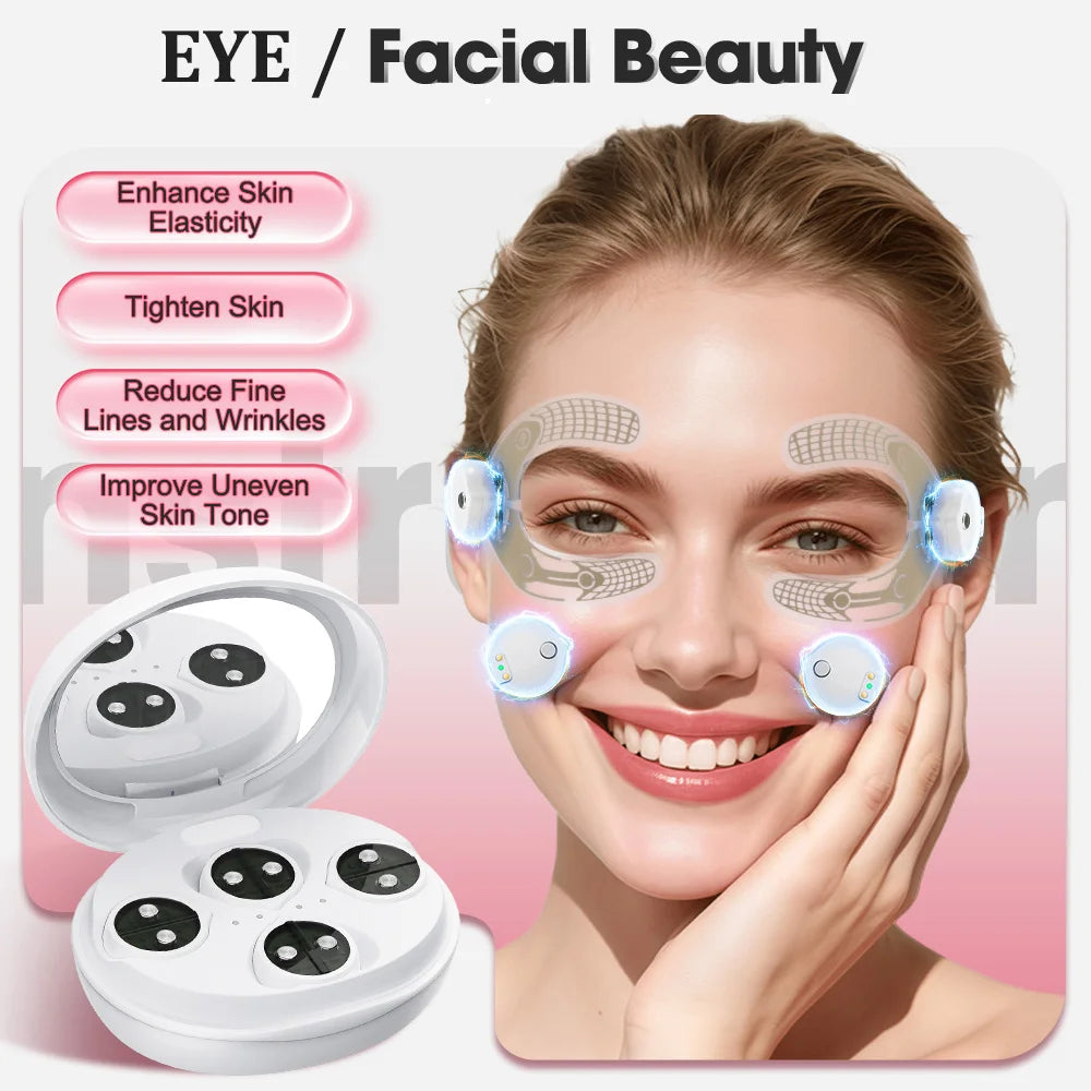 Woman using light therapy facial beauty devices on cheeks and eye area, product case visible.