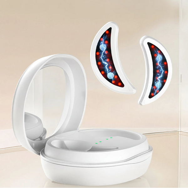 LED eye massager pads with charging case for reducing eye wrinkles, dark circles, eye bags