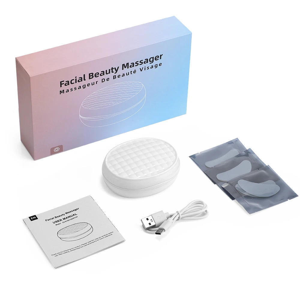 Facial beauty massager device set with box, USB cable, gel pads, and user manual