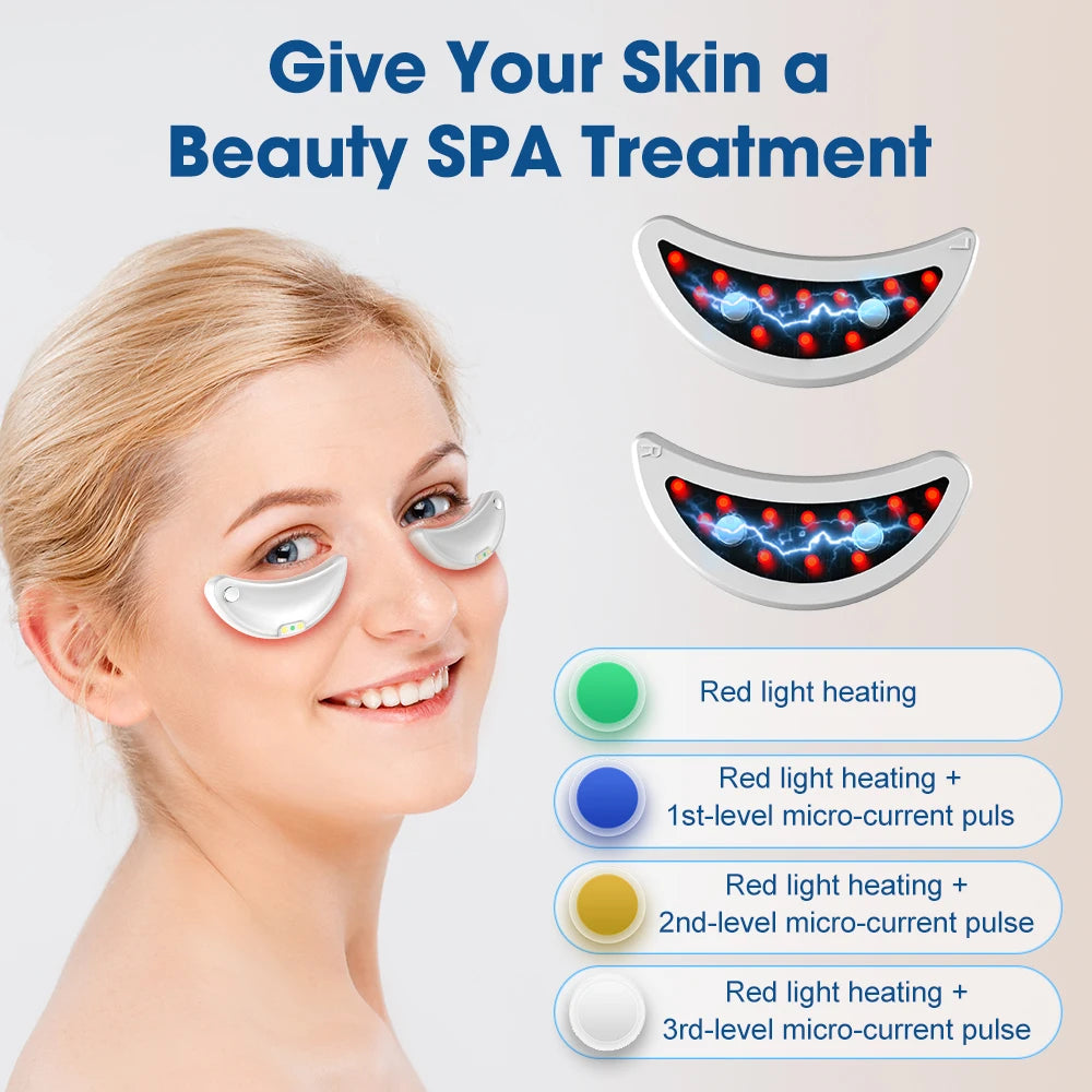 Woman using under-eye LED light therapy patches for skincare treatment, with device features listed.