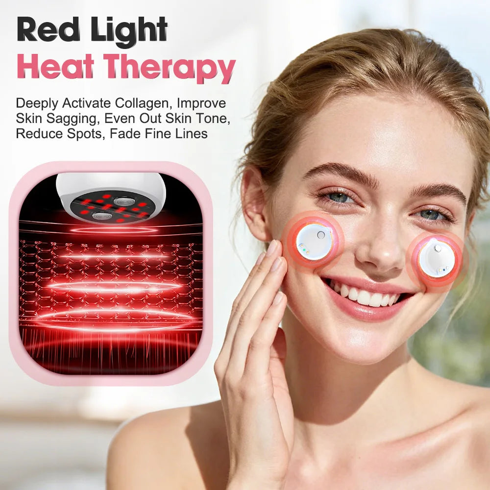 Woman using red light heat therapy face devices, promotes collagen and improves skin tone