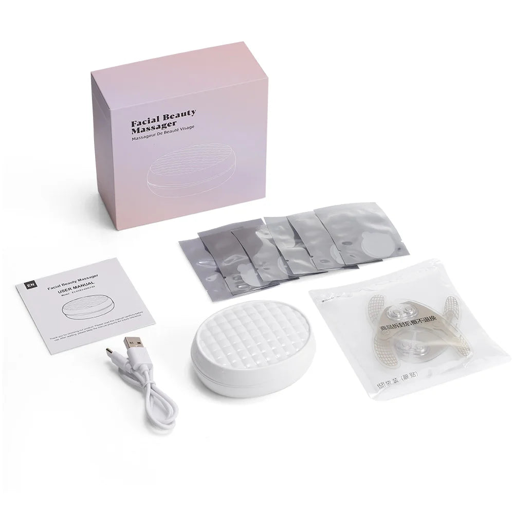 Facial beauty massager kit with device, USB cable, gel pads, user manual, and packaging